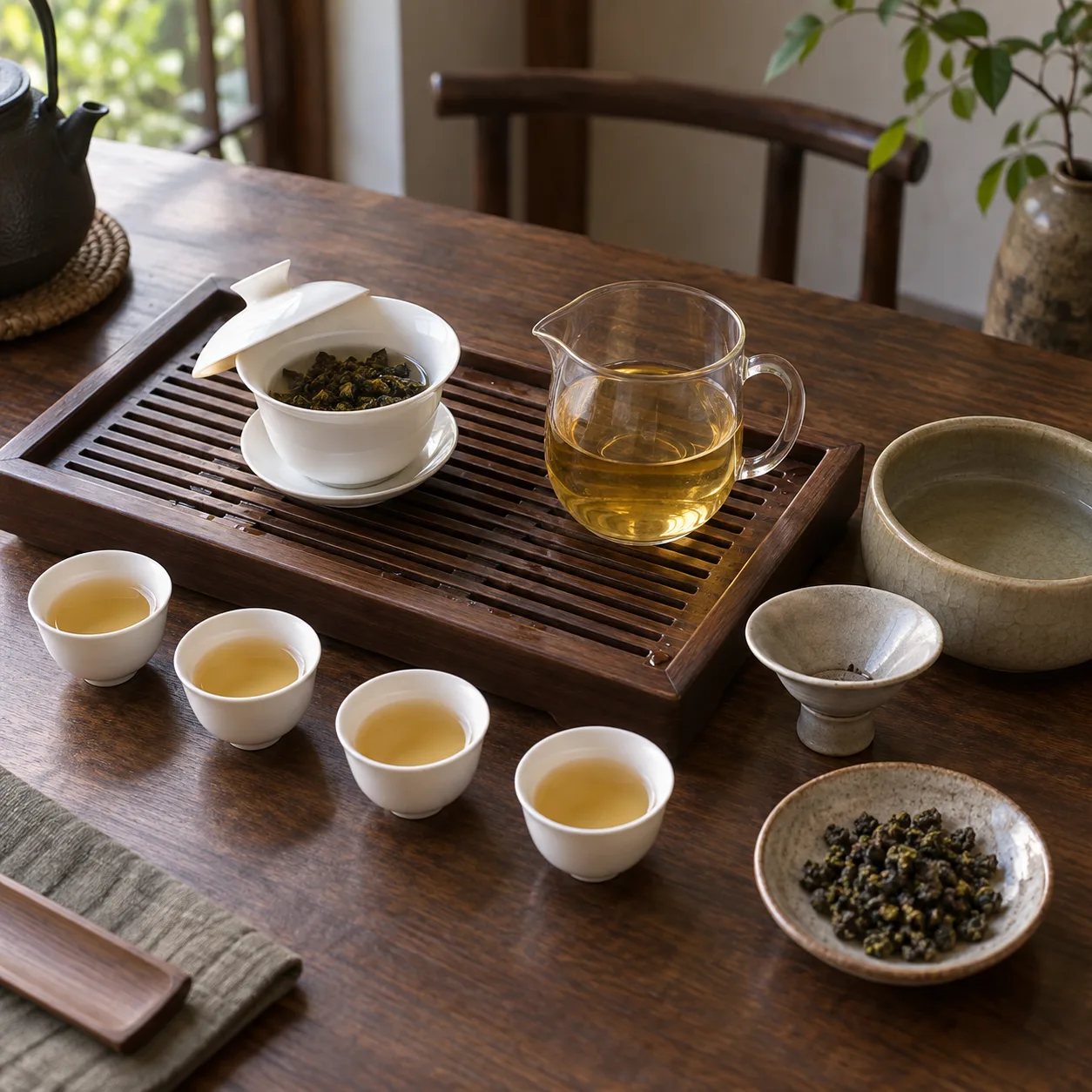 Gaiwan blanc, pichet en verre, quatre tasses de dégustation et ustensiles facultatifs sur une table en bois