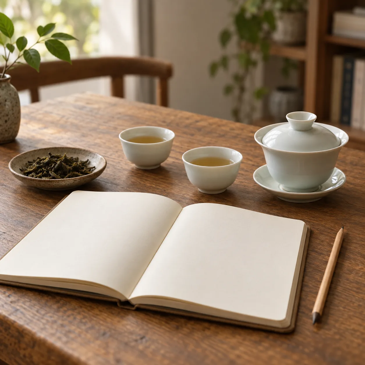 Carnet vierge et crayon auprès d’un gaiwan blanc, de deux tasses et d’une coupelle de feuilles sur une table en bois