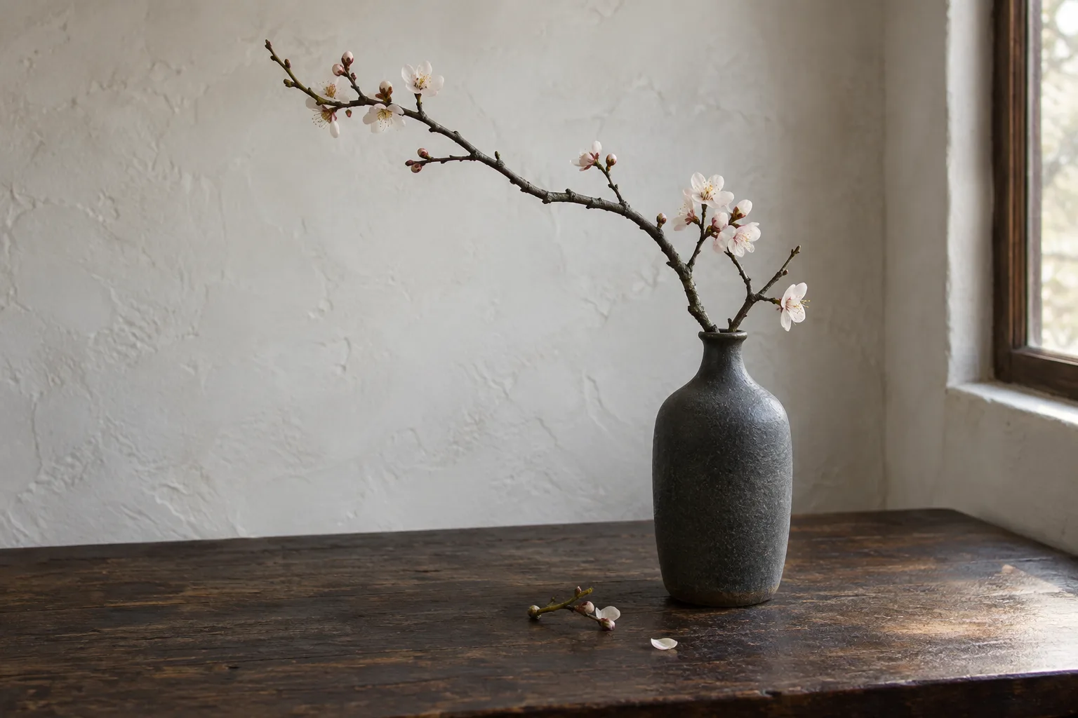 Nature morte générée par IA : branche de prunier clairsemée dans un vase en céramique anthracite près d'une fenêtre matinale