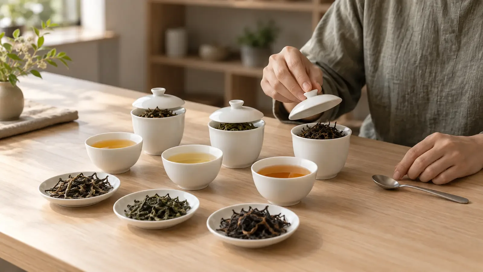 Une personne non identifiée compare trois tasses d’évaluation blanches, des coupelles de feuilles sèches et des bols de liqueurs de couleurs différentes sur une table en bois