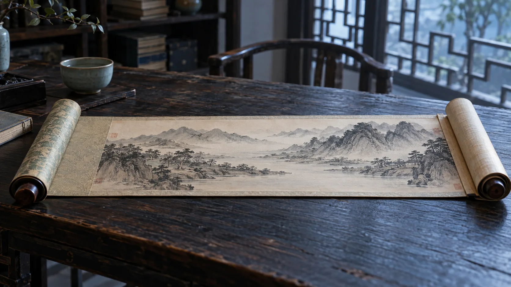 Conceptual AI-generated photograph of a fictional Chinese landscape handscroll partially unrolled from right to left on a dark wooden table in cool morning light.