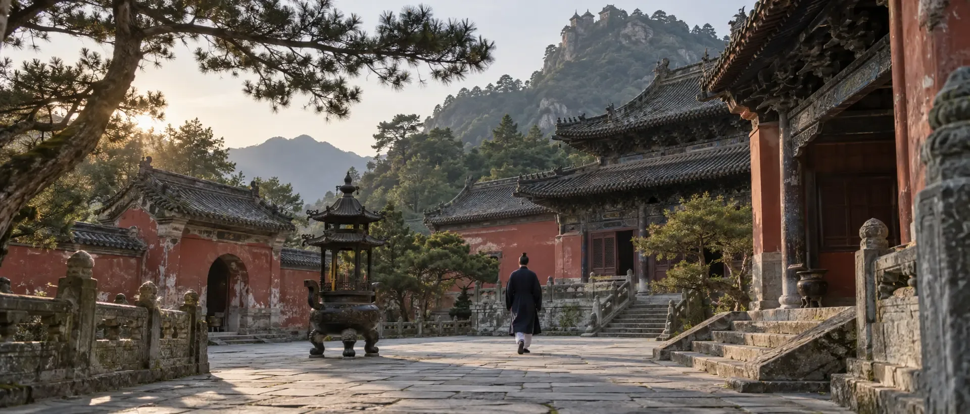 Un pratiquant taoïste traverse la cour d’un temple historique du Wudang dans la lumière chaude de l’après-midi.