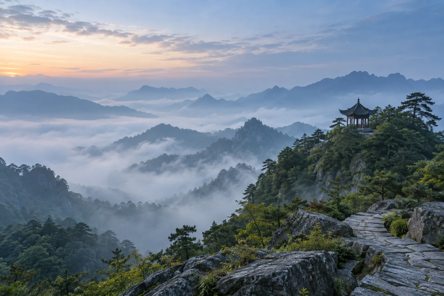 AI-generated conceptual mountain scene with a small roofed pavilion, misty ridges and a stone path at dawn