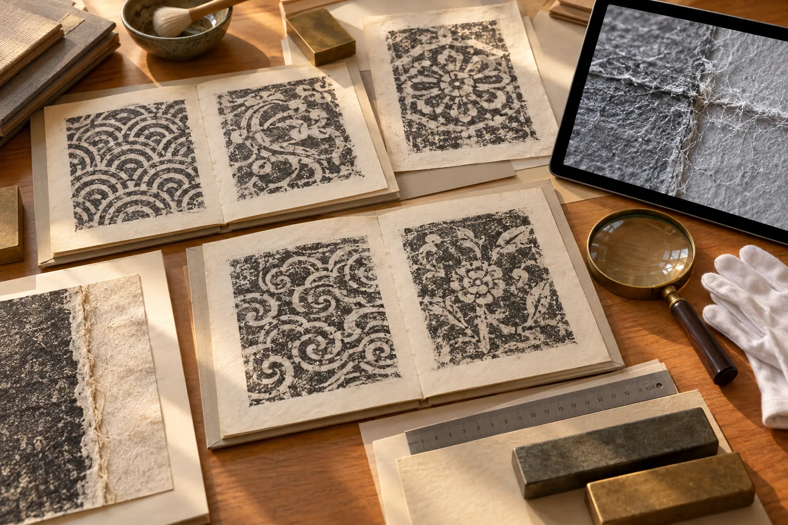 Table de conservation conceptuelle générée par IA, vue du dessus, avec feuillets d’estampages abstraits, loupe, gants et image de fibres du papier