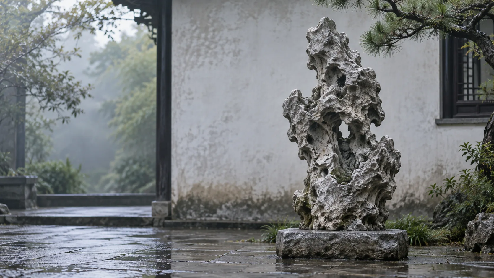 Conceptual AI-generated photograph of a tall perforated viewing stone in a quiet fictional Chinese garden after rain