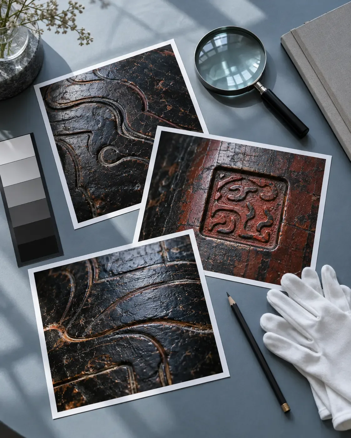 Photographie conceptuelle en plongée de tirages fictifs montrant des détails de laque, avec loupe, gamme de gris, crayon et gants blancs inutilisés sur une table bleu froid