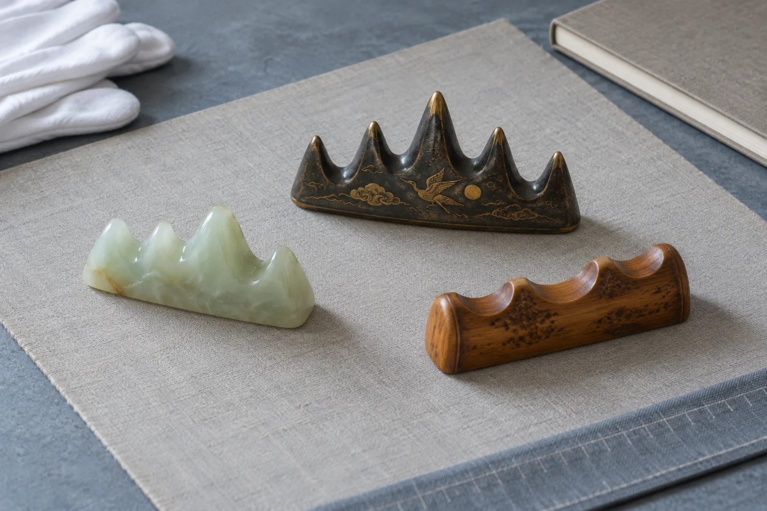 Photographie conceptuelle générée par IA, vue du dessus, de trois repose-pinceaux chinois fictifs en pierre claire, métal sombre et bois chaud disposés sur une table d’étude froide