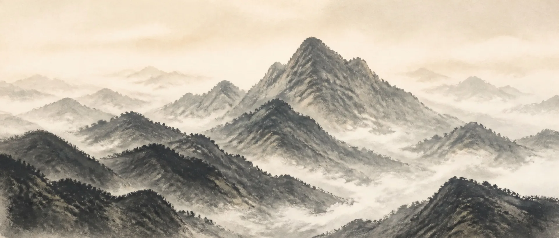 Ink-wash illustration of layered mountain ridges rising through mist toward a central summit