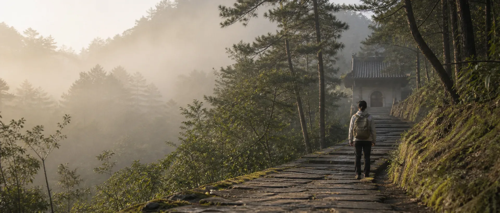 A traveller walking along a stone path toward a Wudang mountain temple