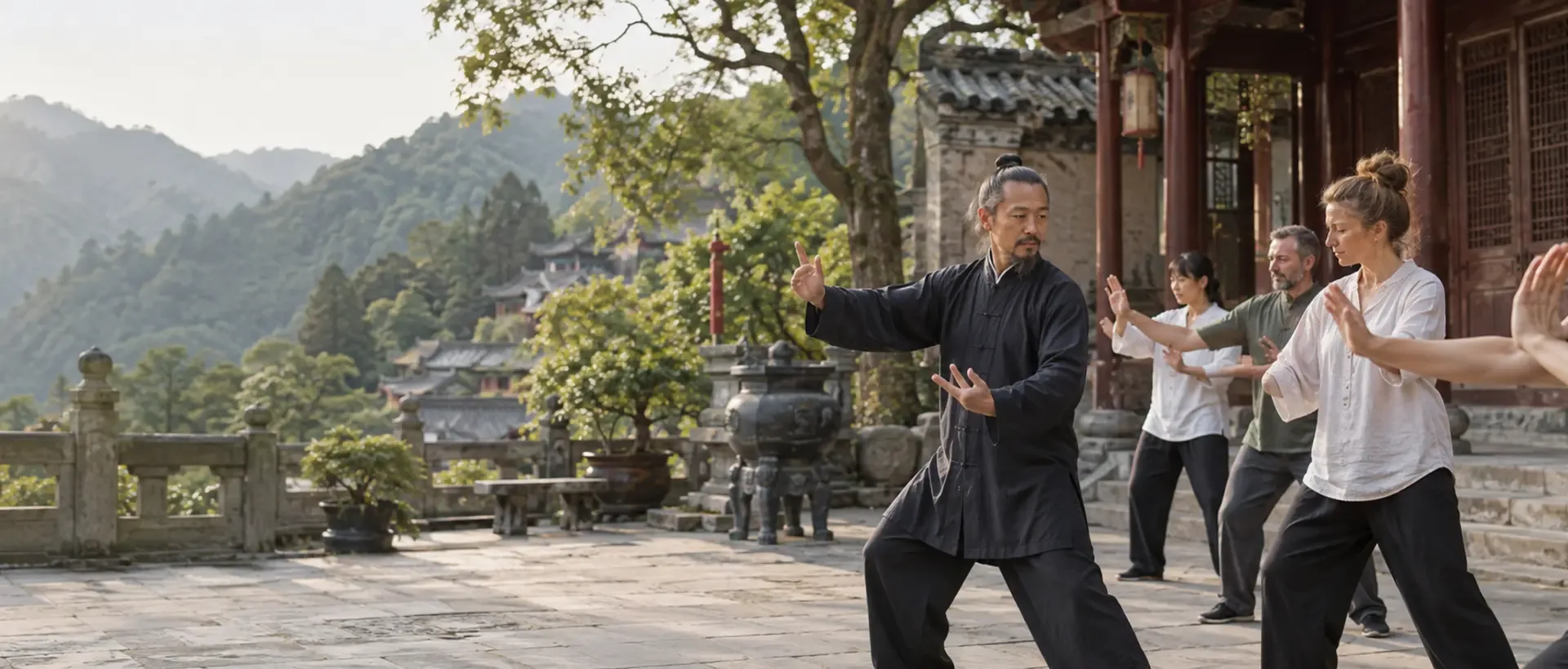 A teacher guides adults through a gentle Wudang practice in a traditional mountain courtyard.