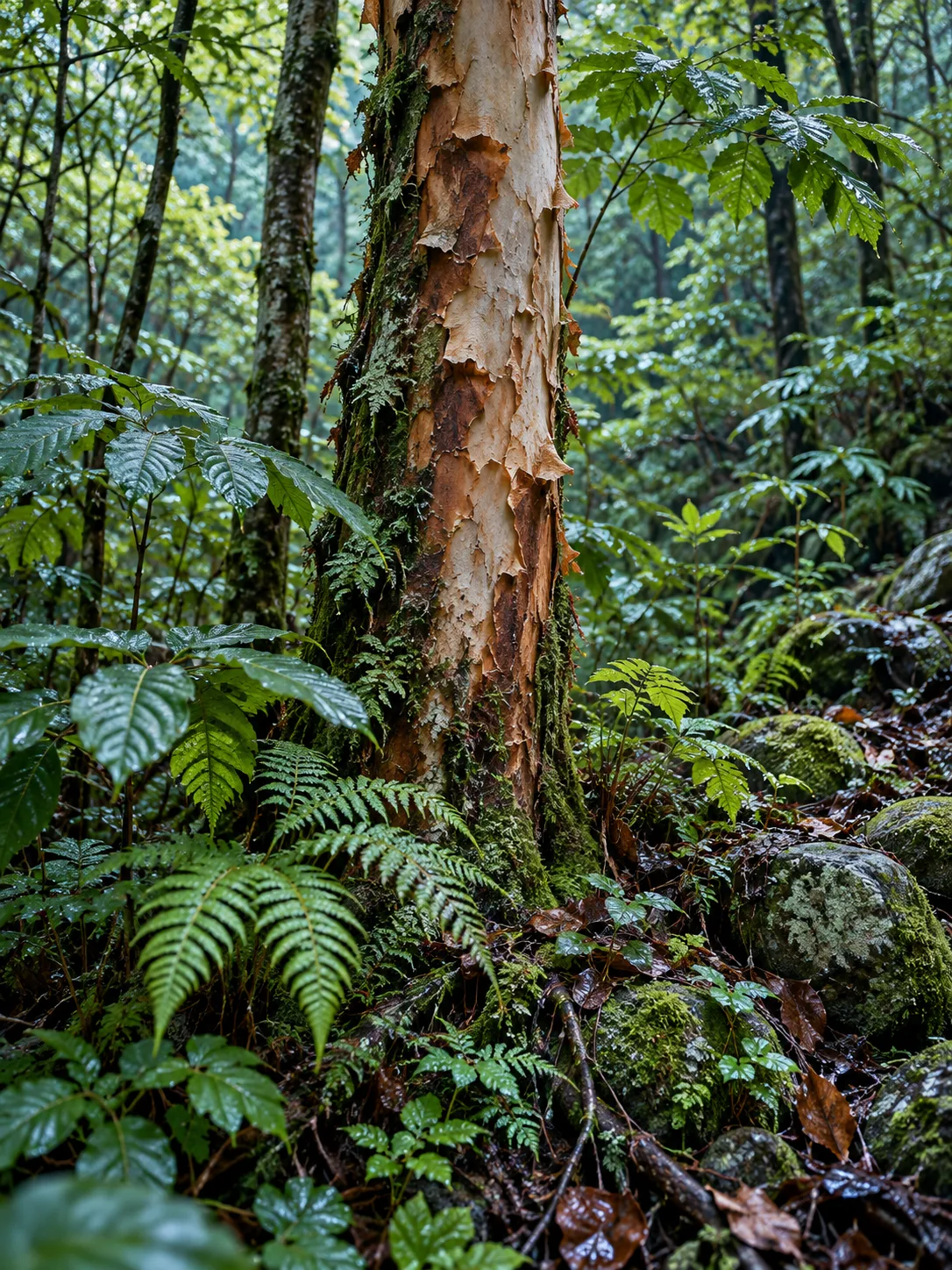 Vue rapprochée générée par IA d’un tronc à écorce desquamée, de fougères humides, de pierres moussues et de litière dans un ravin forestier fictif et ombragé
