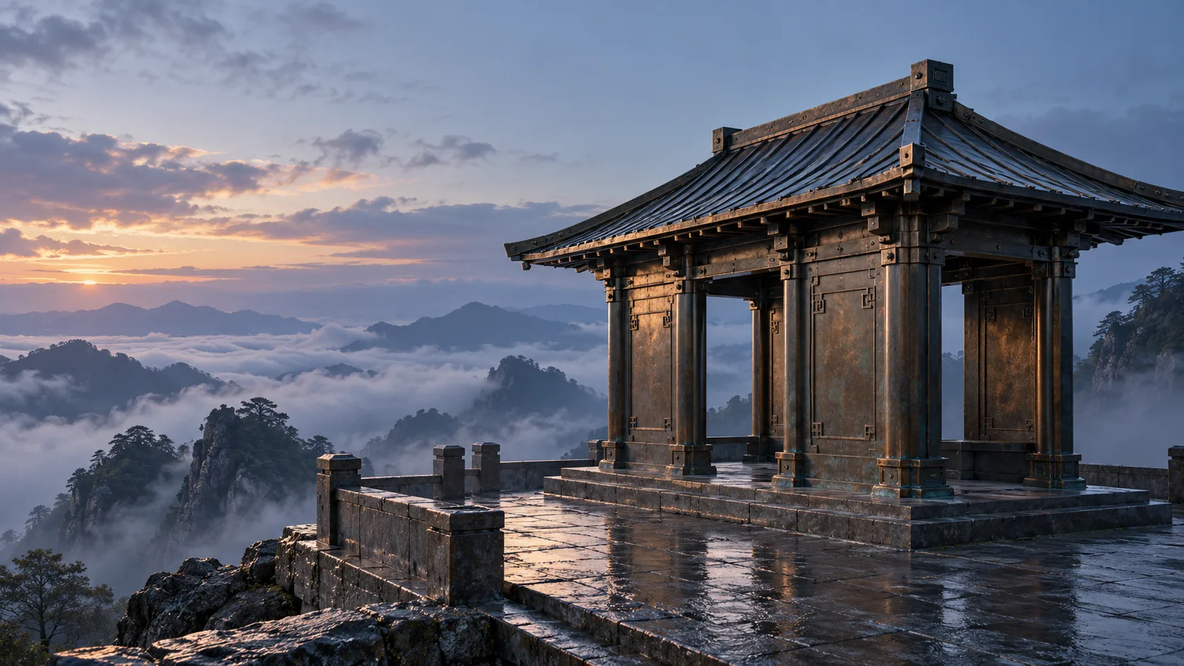 Photographie conceptuelle générée par IA d’un pavillon de bronze fictif sur une terrasse de montagne humide à l’aube, avec des joints d’assemblage visibles sur ses panneaux sobres.