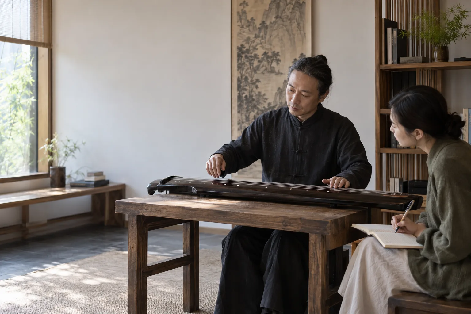 Un cours contemporain de guqin réunissant un professeur, une élève adulte et un instrument dans un studio éclairé par le jour