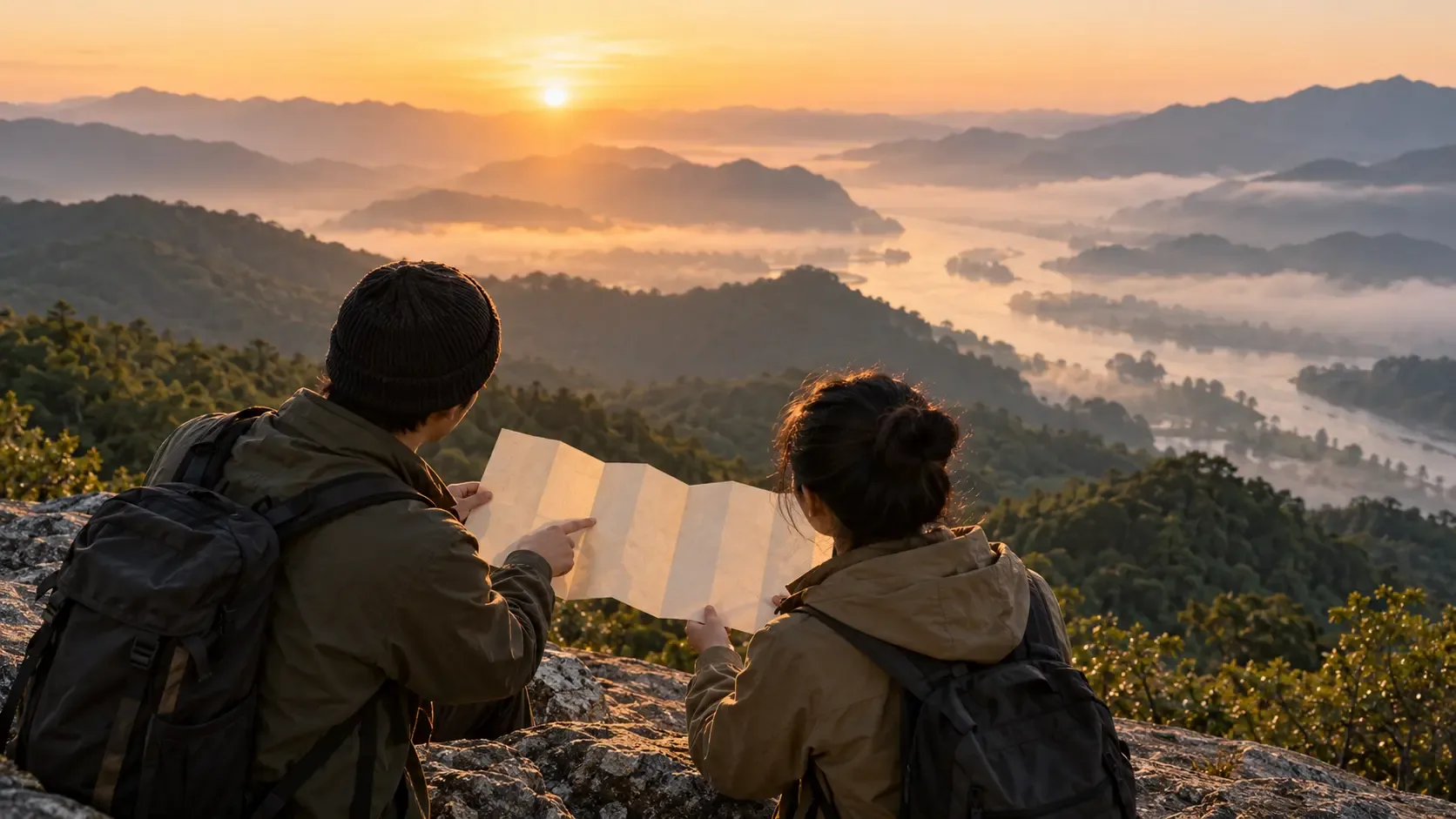 Two anonymous contemporary travelers compare a blank accordion route sheet with layered mountain ridges at sunrise.