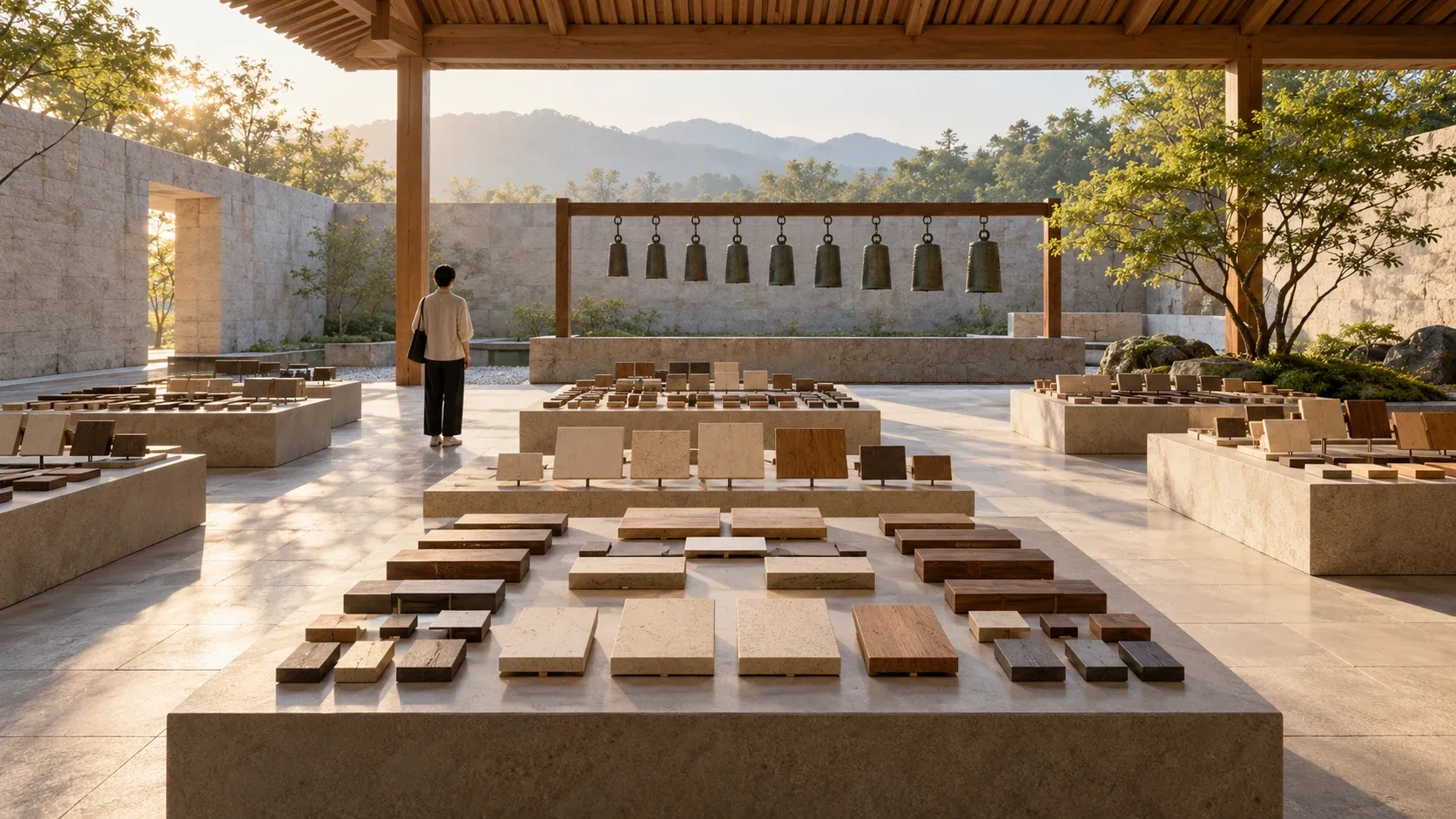 Warm conceptual photograph of a fictional contemporary museum courtyard with blank stone and wood tiles arranged in families and bronze chimes beyond.