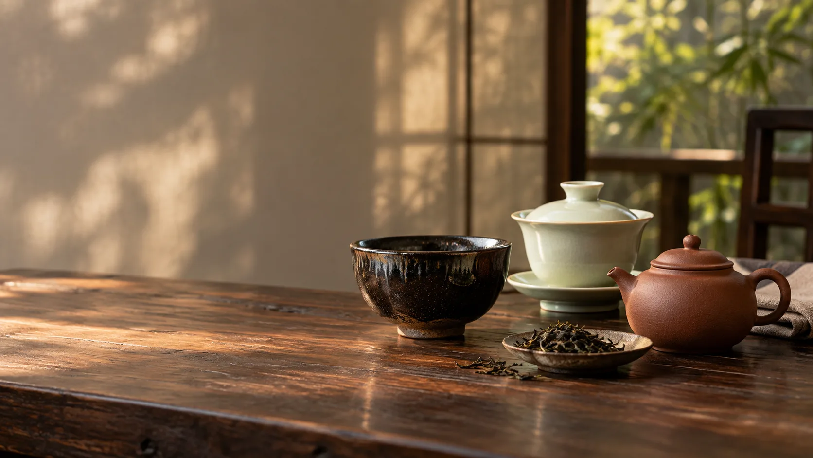 Photographie conceptuelle générée par IA d’un bol à thé à glaçure sombre, d’un gaiwan en porcelaine et d’une théière en grès non glaçuré