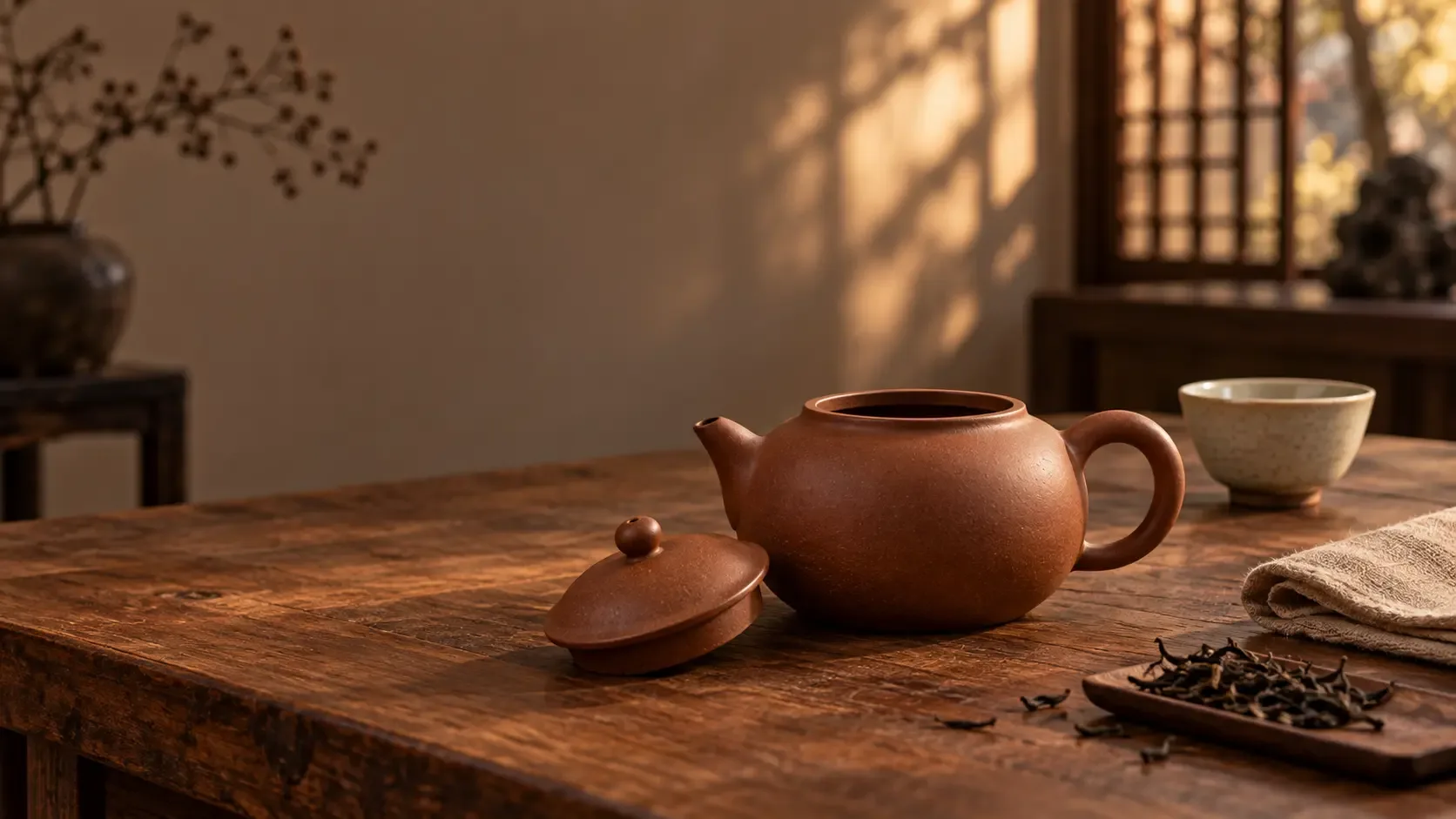 Photographie conceptuelle d’une théière fictive en grès brun-rouge non émaillé, son couvercle posé à côté sur une table à thé en bois chaud