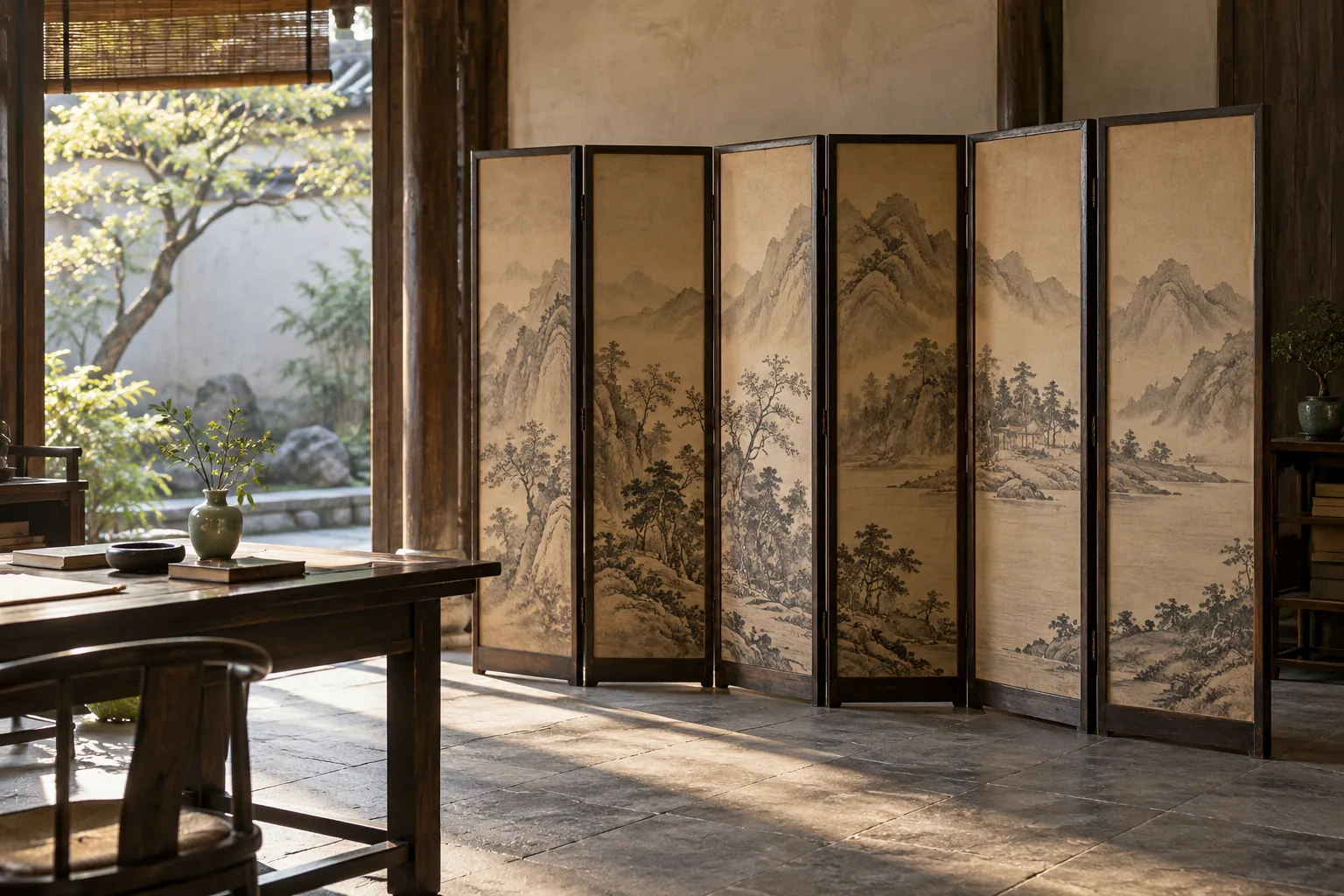Conceptual AI-generated photograph of a multi-panel Chinese screen redirecting the view through a quiet fictional studio