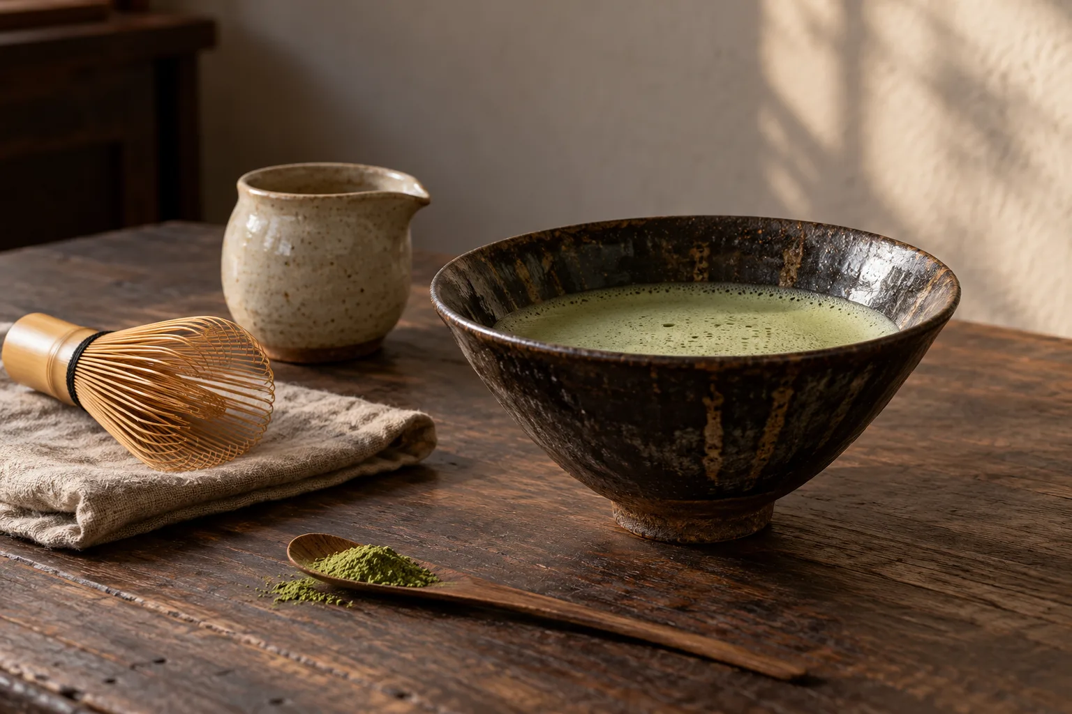 Nature morte chaleureuse générée par IA : thé vert pâle fouetté dans un bol fictif à glaçure sombre, avec fouet en bambou, verseuse et poudre