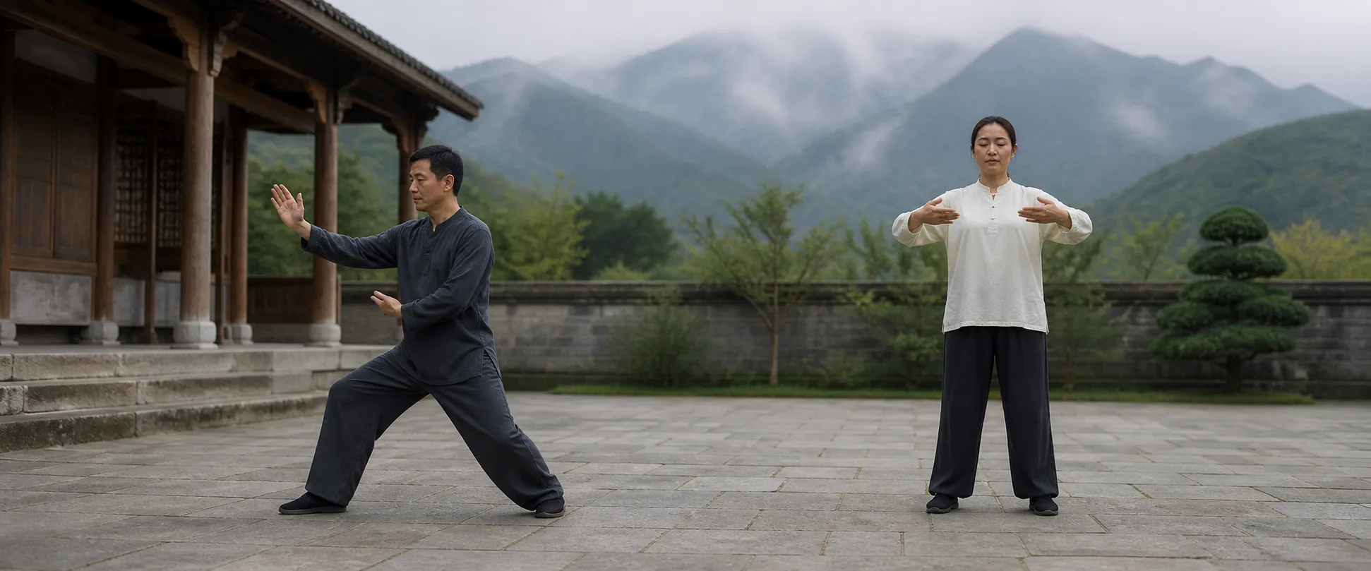 Two practitioners demonstrate a moving Tai Chi posture and a quiet Qigong standing posture in an editorial scene