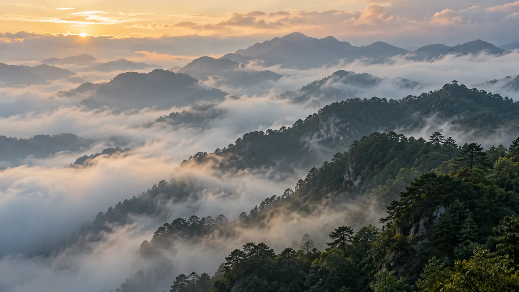 Photographie conceptuelle générée par IA de crêtes boisées fictives émergeant de la brume à l’aube, sans documenter une vue ni un épisode météo réels du Wudang