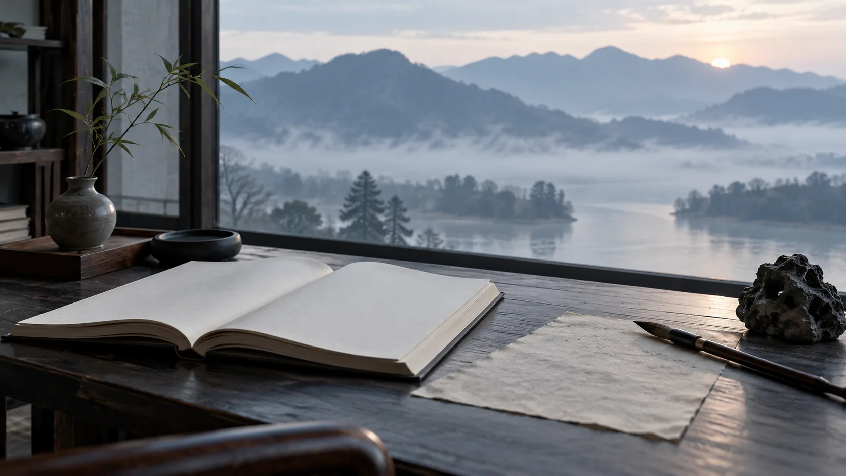 Photographie conceptuelle générée par IA montrant un livre de poésie vierge et des outils d’écriture devant une fenêtre sur des montagnes brumeuses