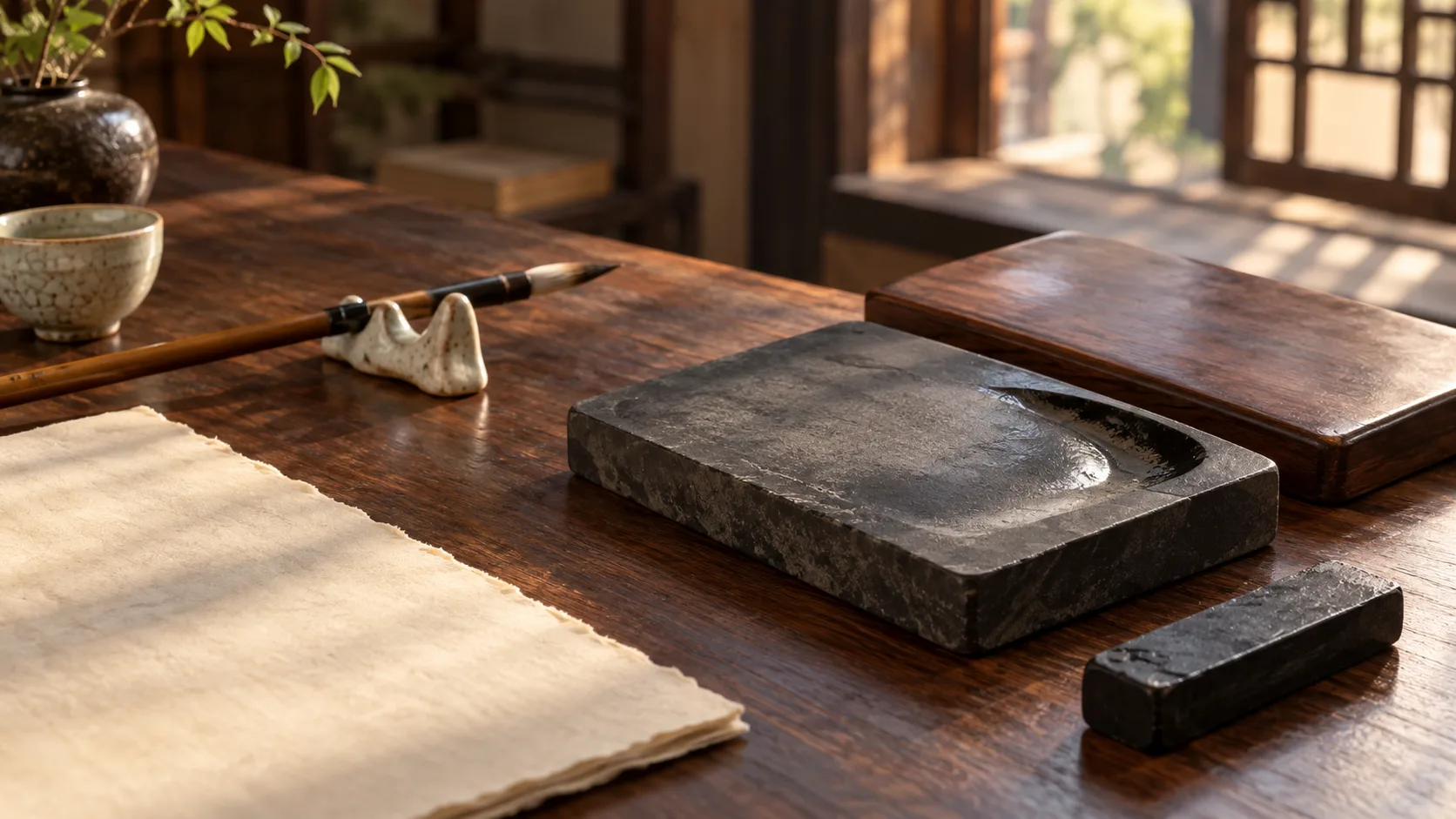 Photographie conceptuelle générée par IA d’une pierre à encre rectangulaire fictive, avec couvercle en bois, bâton d’encre et pinceau sur un bureau de lettré baigné de lumière chaude