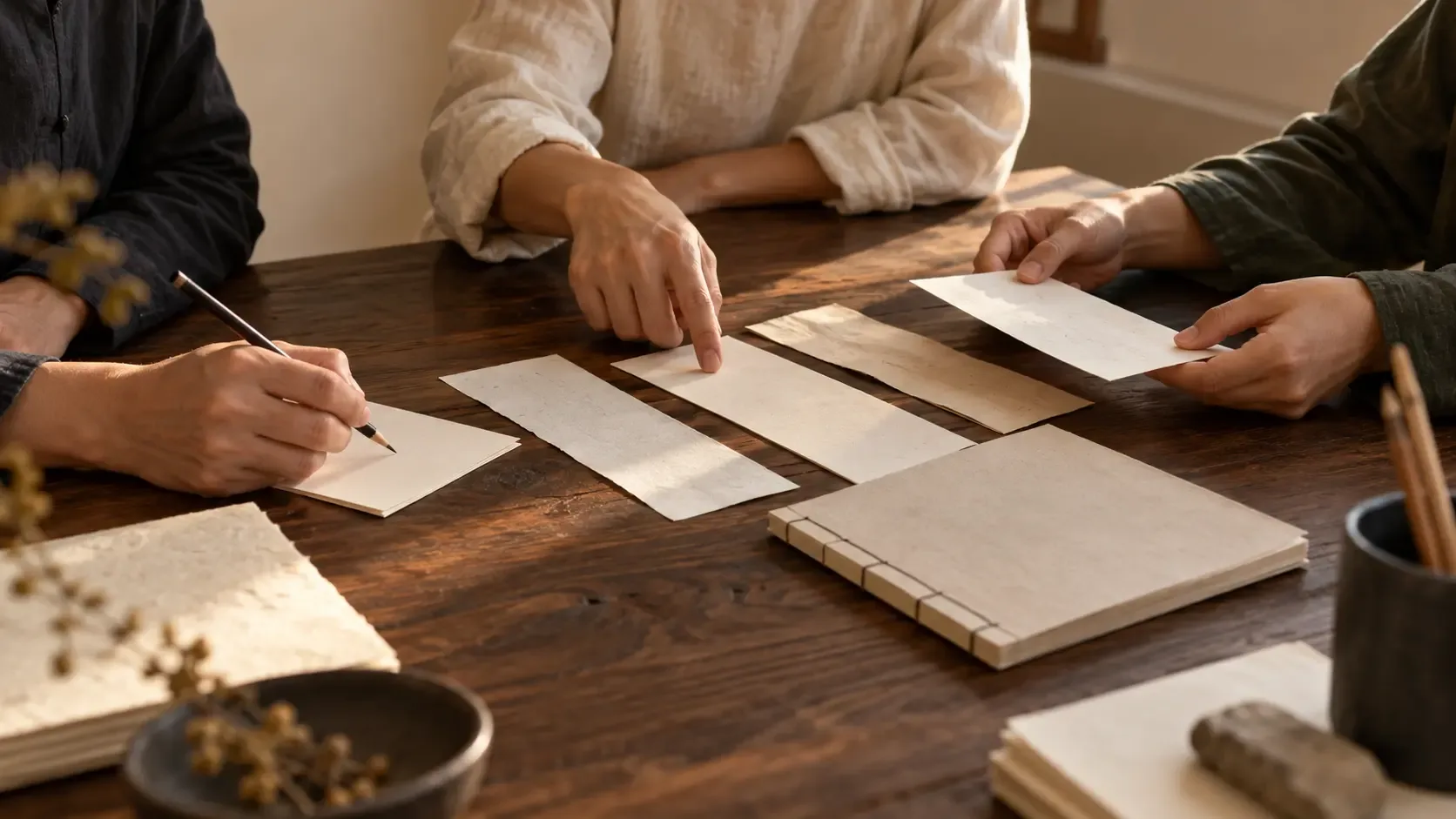 Photographie conceptuelle chaleureuse : les mains de trois lecteurs anonymes comparent des fiches vierges près d’un crayon et d’un livre cousu sans texte sur une table en bois.