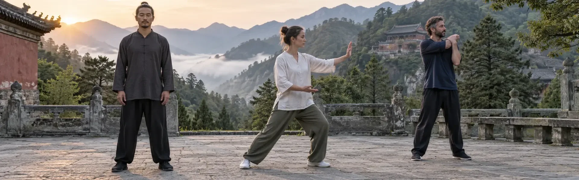 Trois adultes pratiquent la posture debout, un mouvement à mains ouvertes et un étirement d’épaule dans une cour de montagne