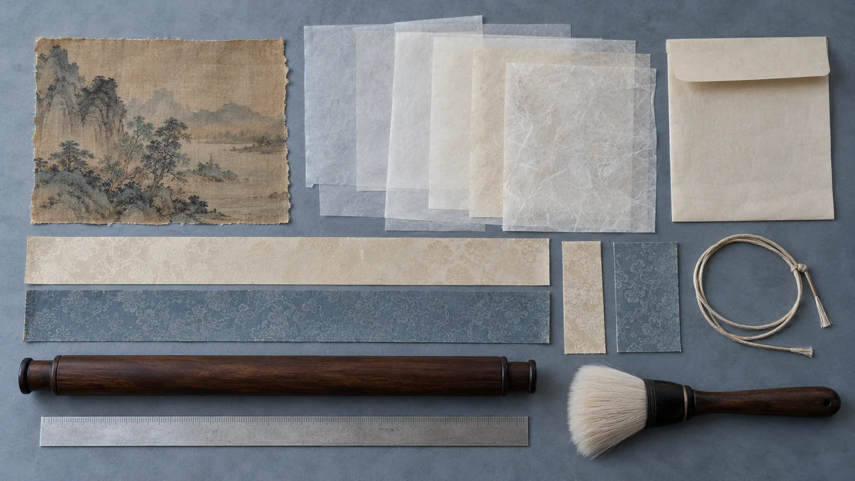 Conceptual overhead comparison of separate mounting layers: painted silk, backing papers, cream and blue silk borders, a top stave pocket and a wooden roller