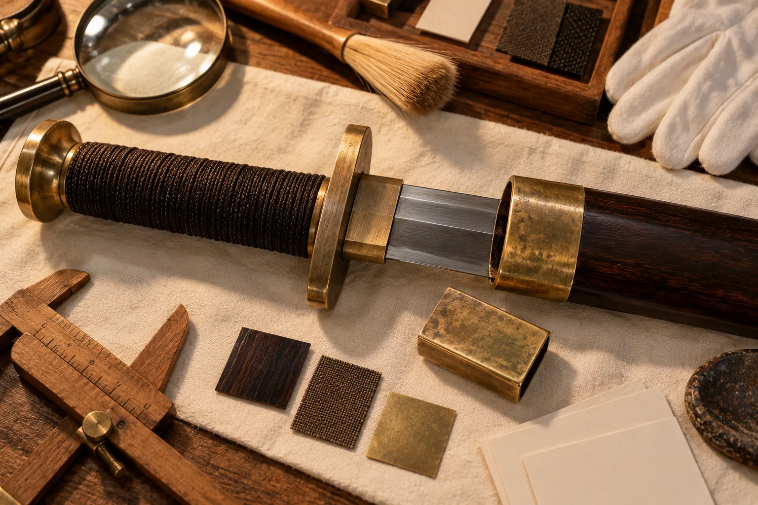Photographie conceptuelle générée par IA, vue de dessus, de la poignée et de l’entrée du fourreau d’une épée droite chinoise sobre, examinées avec des outils de conservation et des échantillons sans texte.