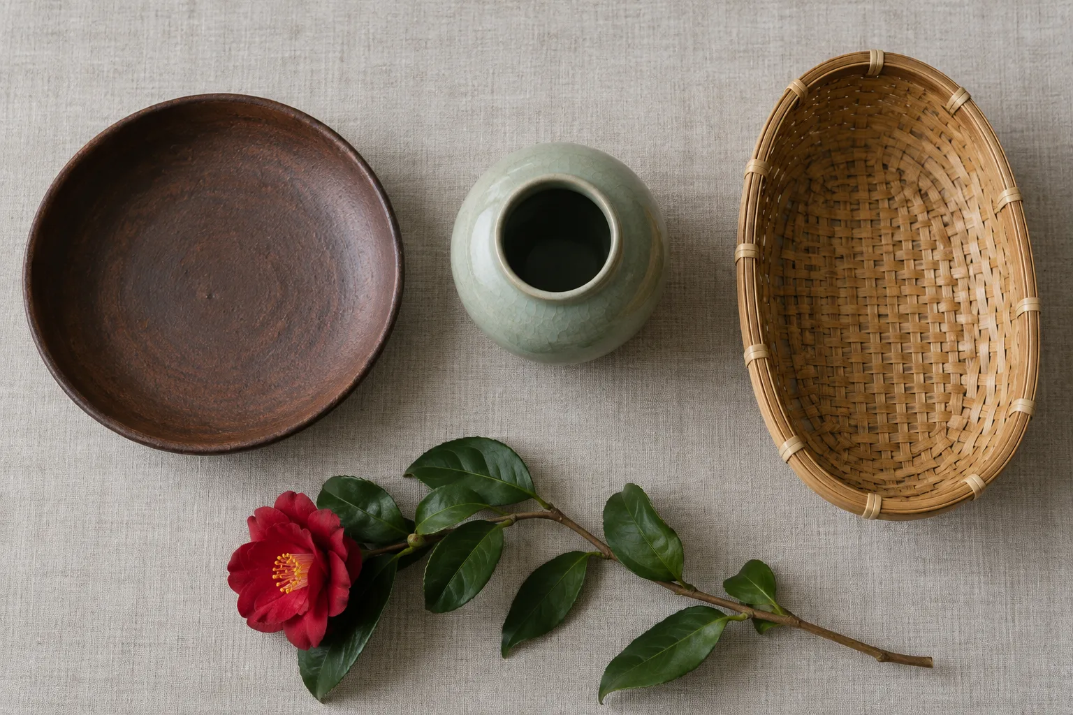 Illustration IA en vue de dessus : plat en terre, pot en céramique verte et panier de bambou vides, près d’un camélia rouge