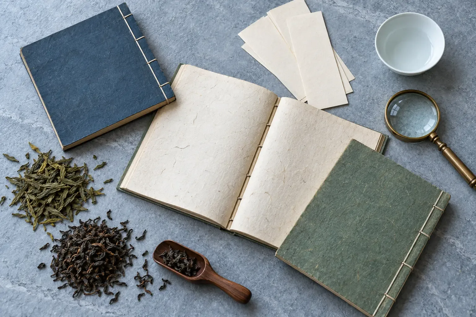 Vue plongeante de livrets cousus sans texte, fiches de collation vierges, loupe, deux types de feuilles de thé séchées et tasse sobre sur une pierre bleu-gris