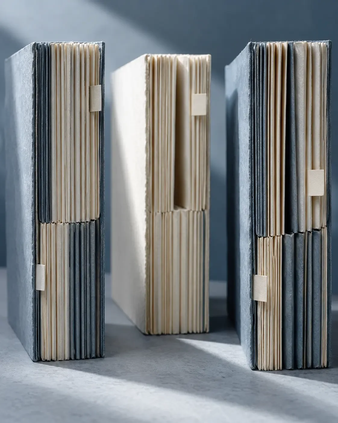Cool-toned vertical macro photograph of three blank book blocks seen edge-on, with differently ordered folded sections and small unmarked paper tabs.