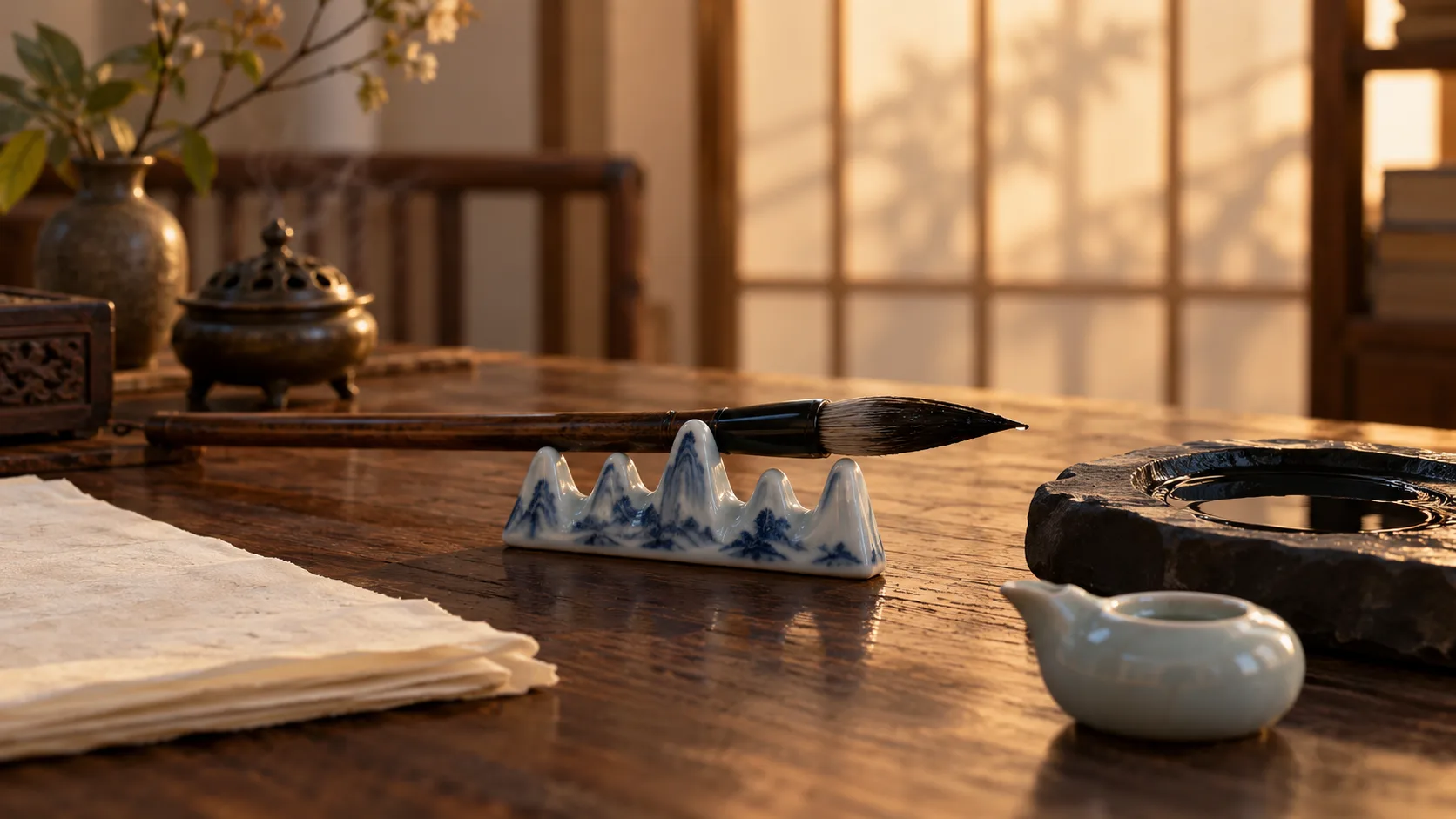 Photographie conceptuelle générée par IA d’un pinceau humide posé sur un repose-pinceau montagneux bleu et blanc, sur une table en bois chaleureuse