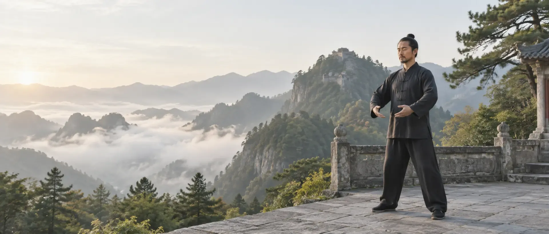 Un pratiquant effectue un exercice debout paisible sur une terrasse de pierre au-dessus des montagnes du Wudang.