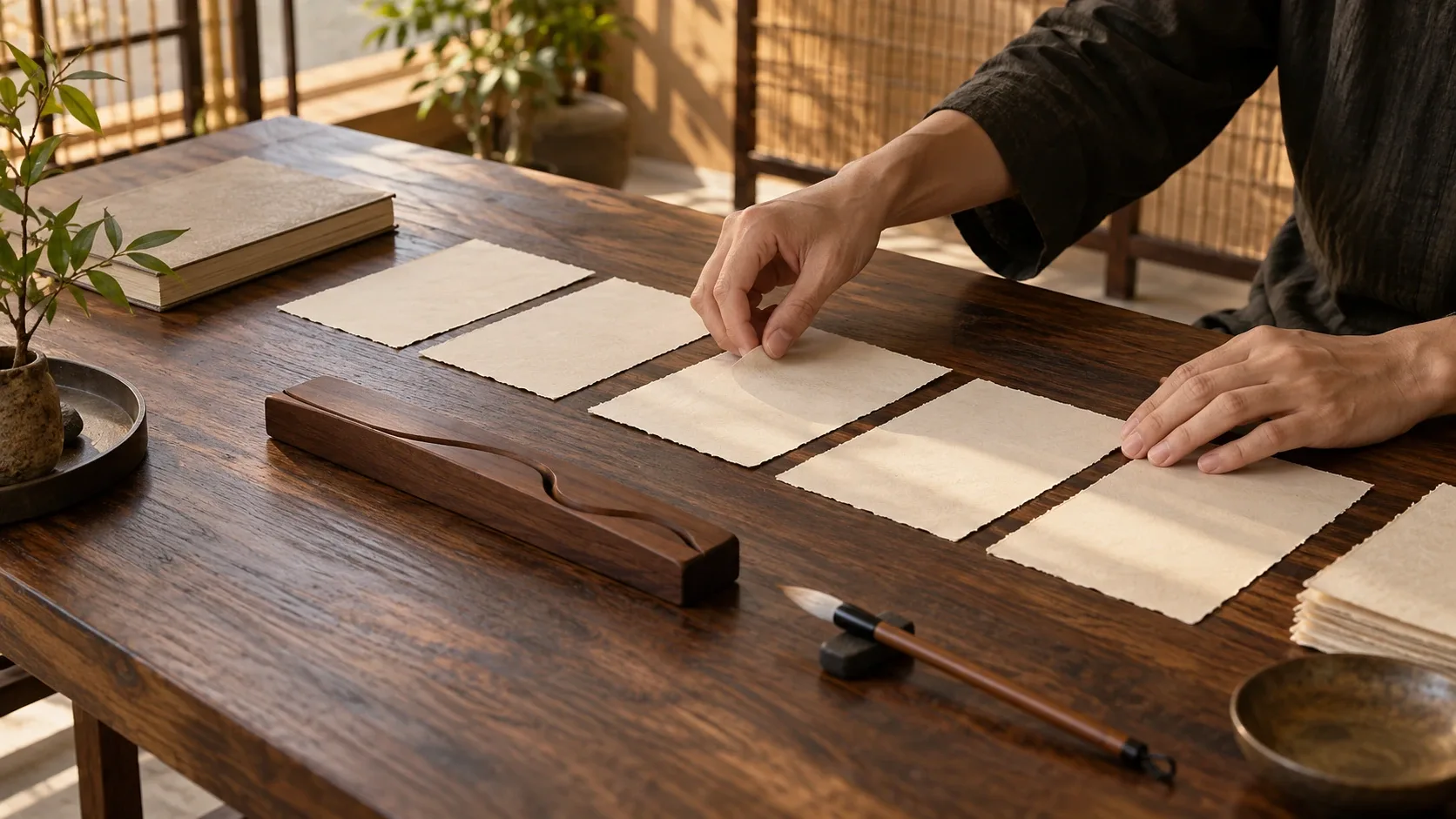 Photographie conceptuelle des mains d’un chercheur anonyme ordonnant des cartes vierges couleur crème sur une table contemporaine en bois, près d’un pinceau et d’un presse-papier abstrait.