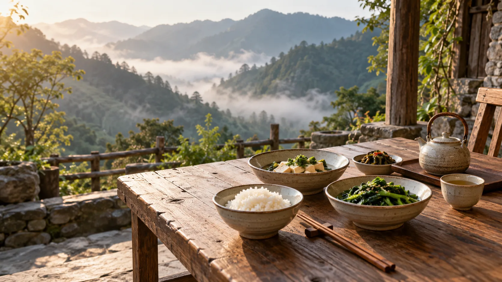 Photographie conceptuelle générée par IA d’un repas sur une terrasse de montagne, avec légumes cuits, tofu, riz et thé face à des crêtes boisées dans la brume.