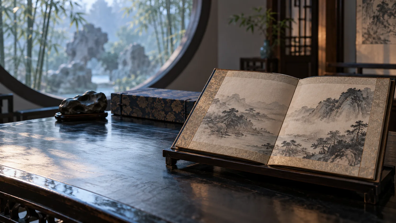 Conceptual AI-generated photograph of an open Chinese painting album with a fictional ink landscape in a quiet scholar’s study