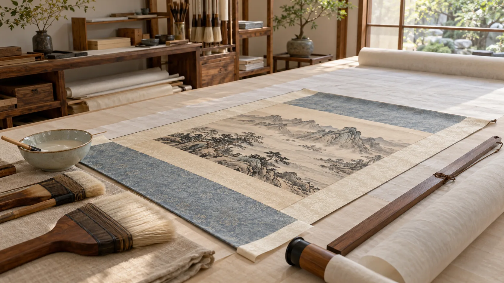 Conceptual AI-generated photograph of a fictional Chinese painting conservation studio with a hanging-scroll painting, silk borders and long backing papers on a worktable