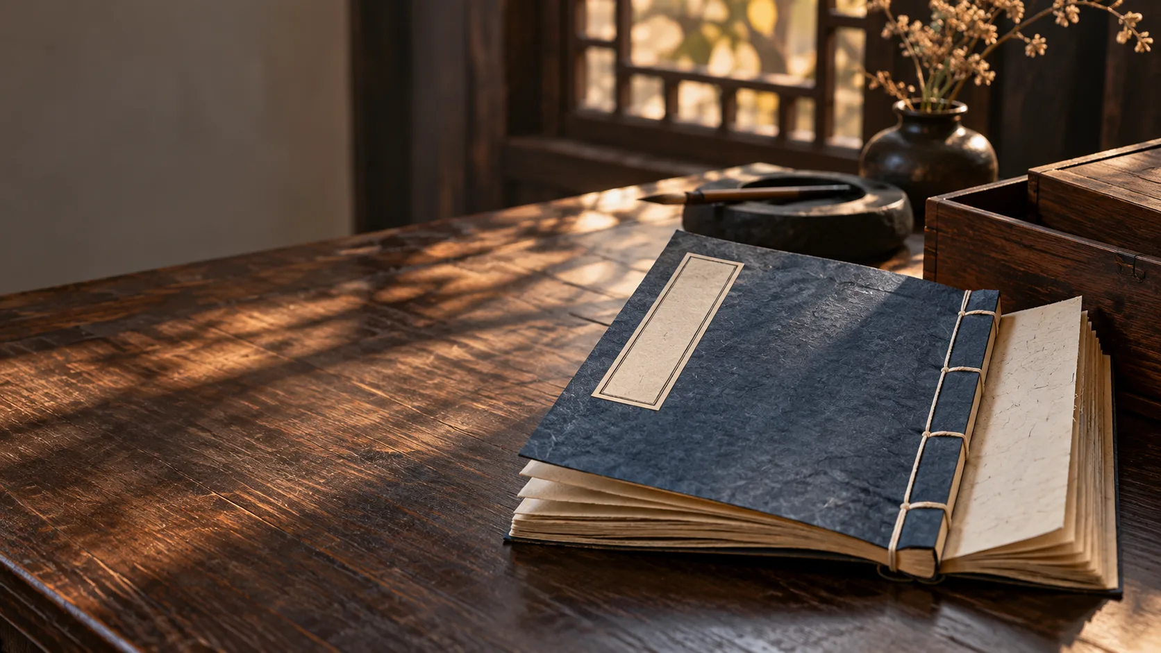 Nature morte conceptuelle générée par IA montrant un livre cousu fictif à couverture indigo sur une table en noyer, sans documenter un volume historique réel