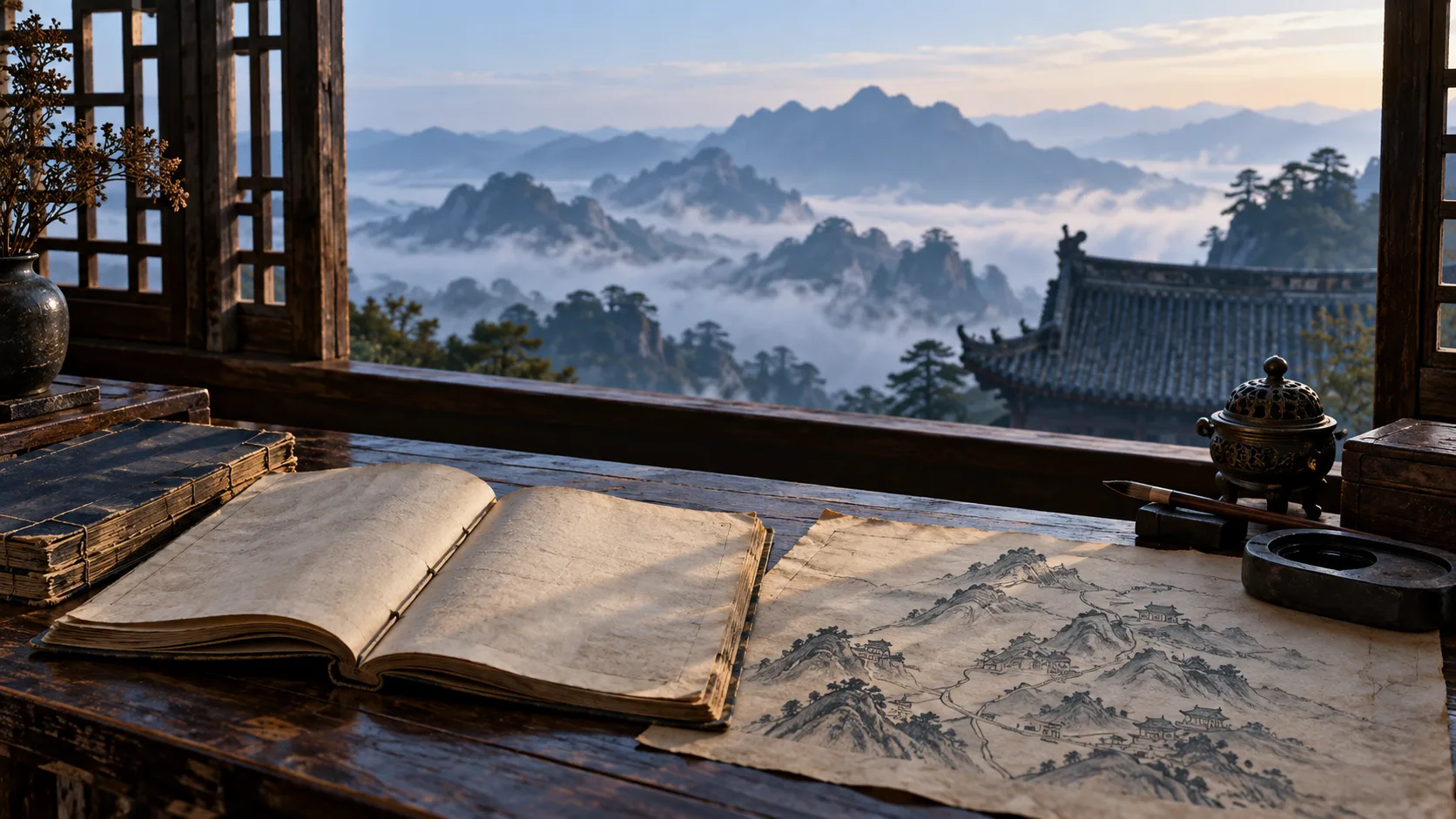 Conceptual AI-generated still life of an open stitched book and hand-drawn mountain diagram beside a window overlooking misty ridges.