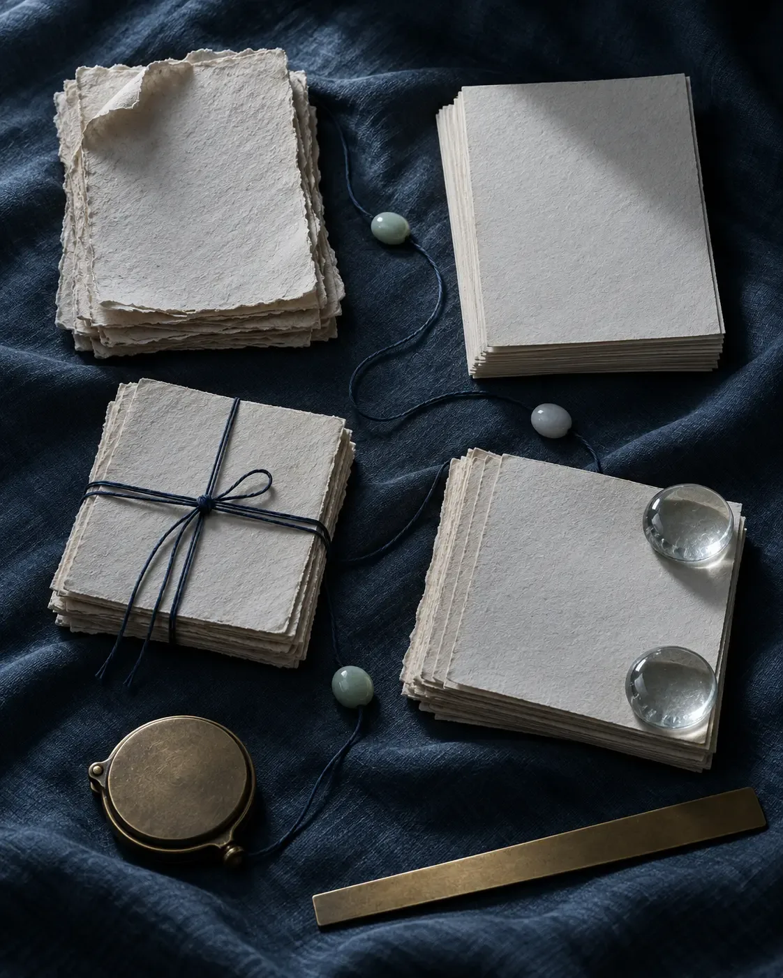 Nature morte conceptuelle froide de quatre piles de papier vierge évoquant brouillon, mise au net, paquet en circulation et témoin comparé tardivement