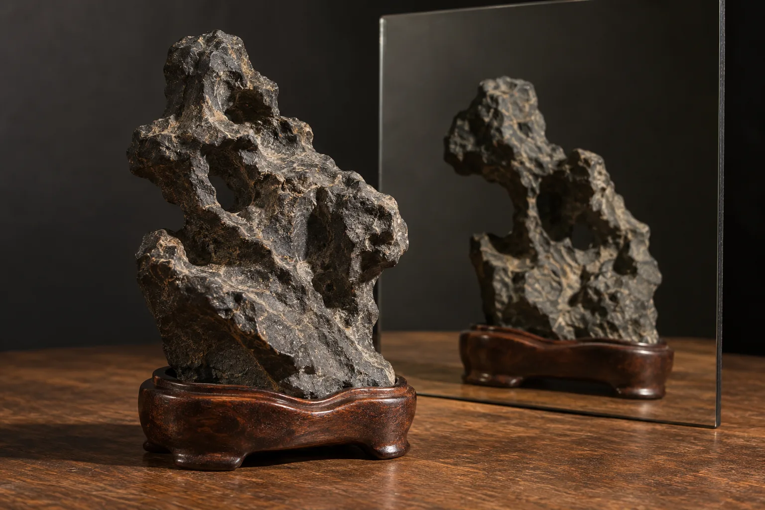 Conceptual AI-generated studio photograph of a fictional dark scholar’s rock and its reverse reflected in a mirror