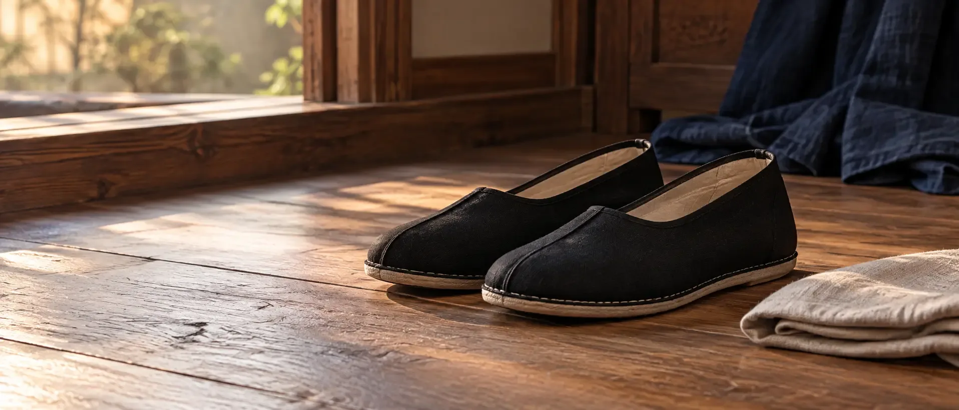 Photographie conceptuelle de simples souliers noirs fictifs en toile, posés près d’une étoffe indigo pliée sur un plancher de bois chaleureux