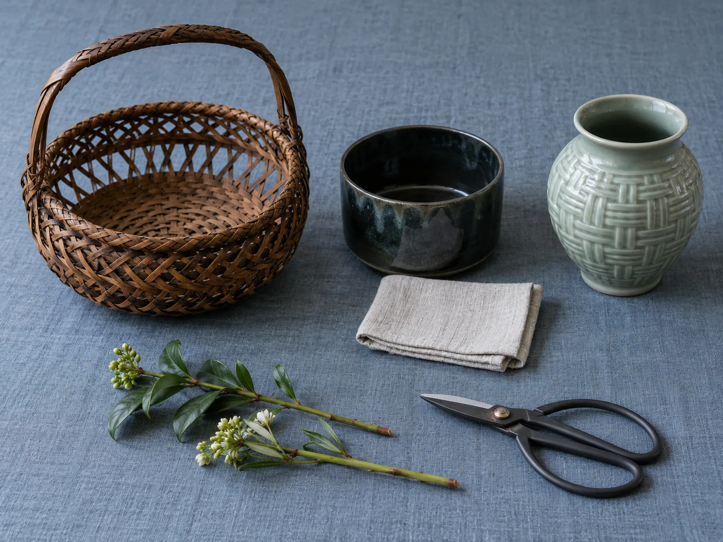 Vue zénithale générée par IA d’un panier vide, d’une doublure en céramique, d’un vase céladon à texture tressée, de tiges et de cisailles fermées