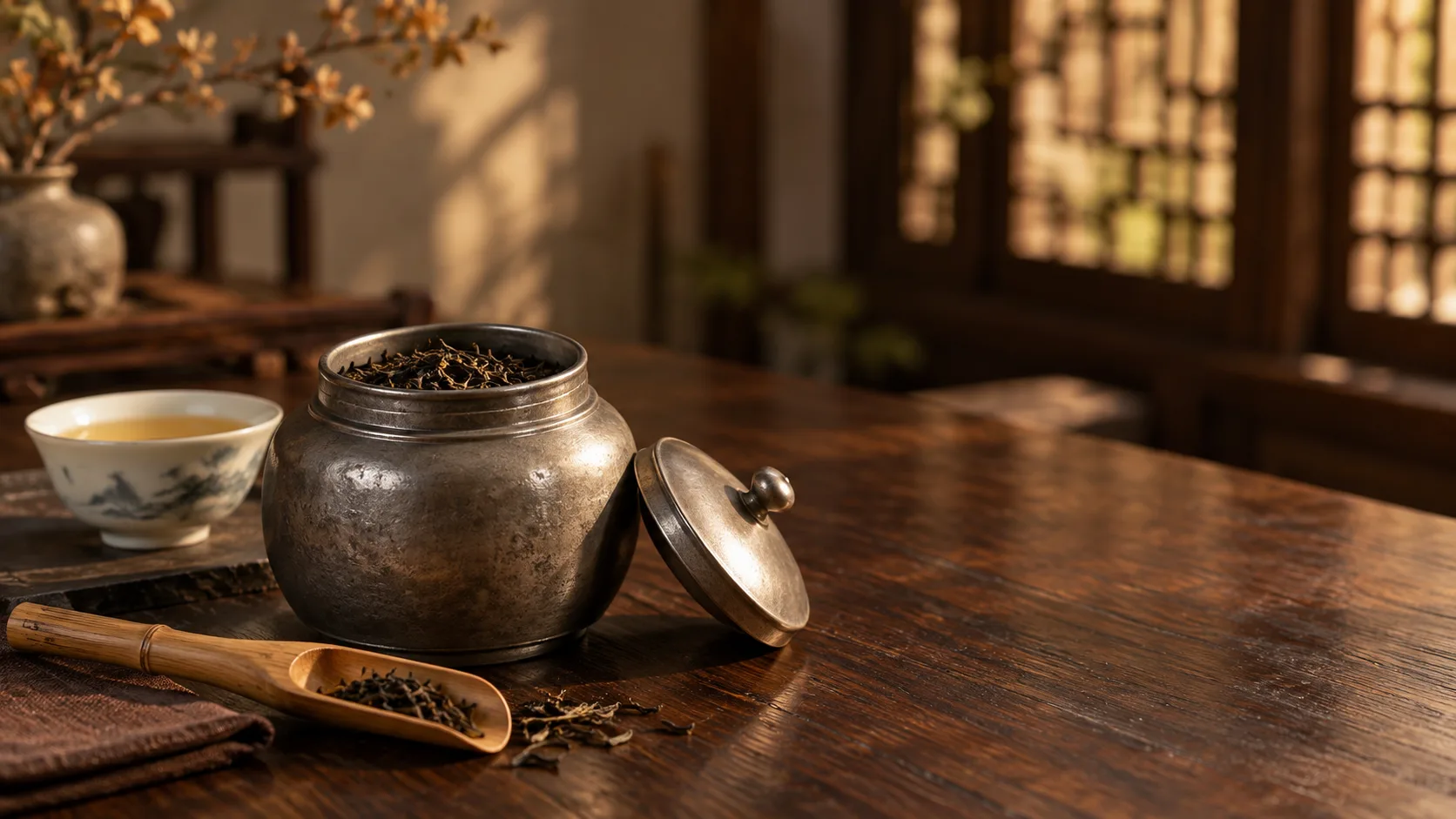 Photographie conceptuelle générée par IA d’une boîte à thé fictive en étain ouverte sur des feuilles sèches, avec son couvercle et une cuillère en bambou sur une table chaleureuse