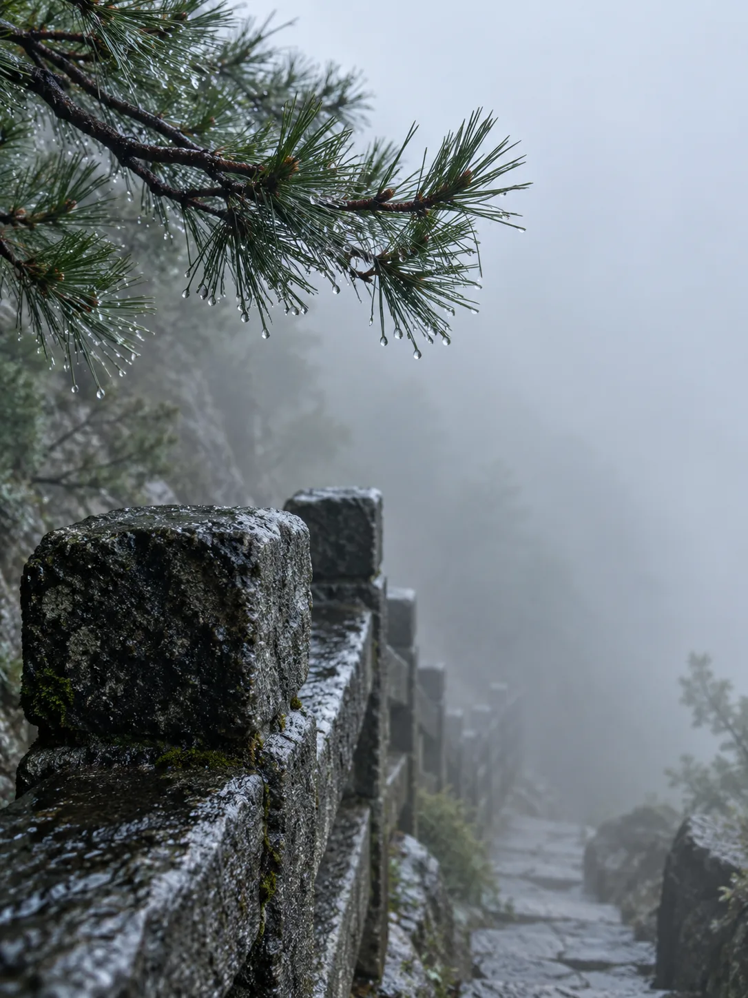Vue rapprochée conceptuelle générée par IA d’aiguilles de pin mouillées et d’un chemin de pierre fictif disparaissant dans la brume froide