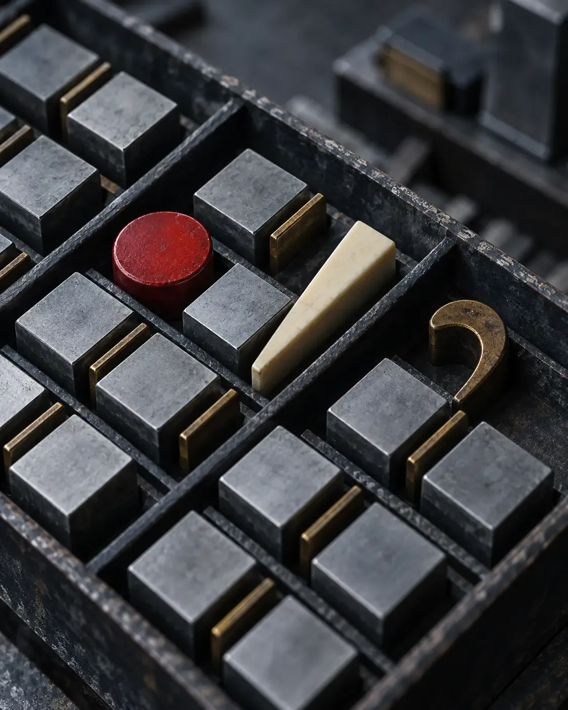 Cool vertical conceptual photograph of a black metal composing tray filled with blank square type blocks, brass spacers, a red circular counter, an ivory wedge and a curved brass marker.