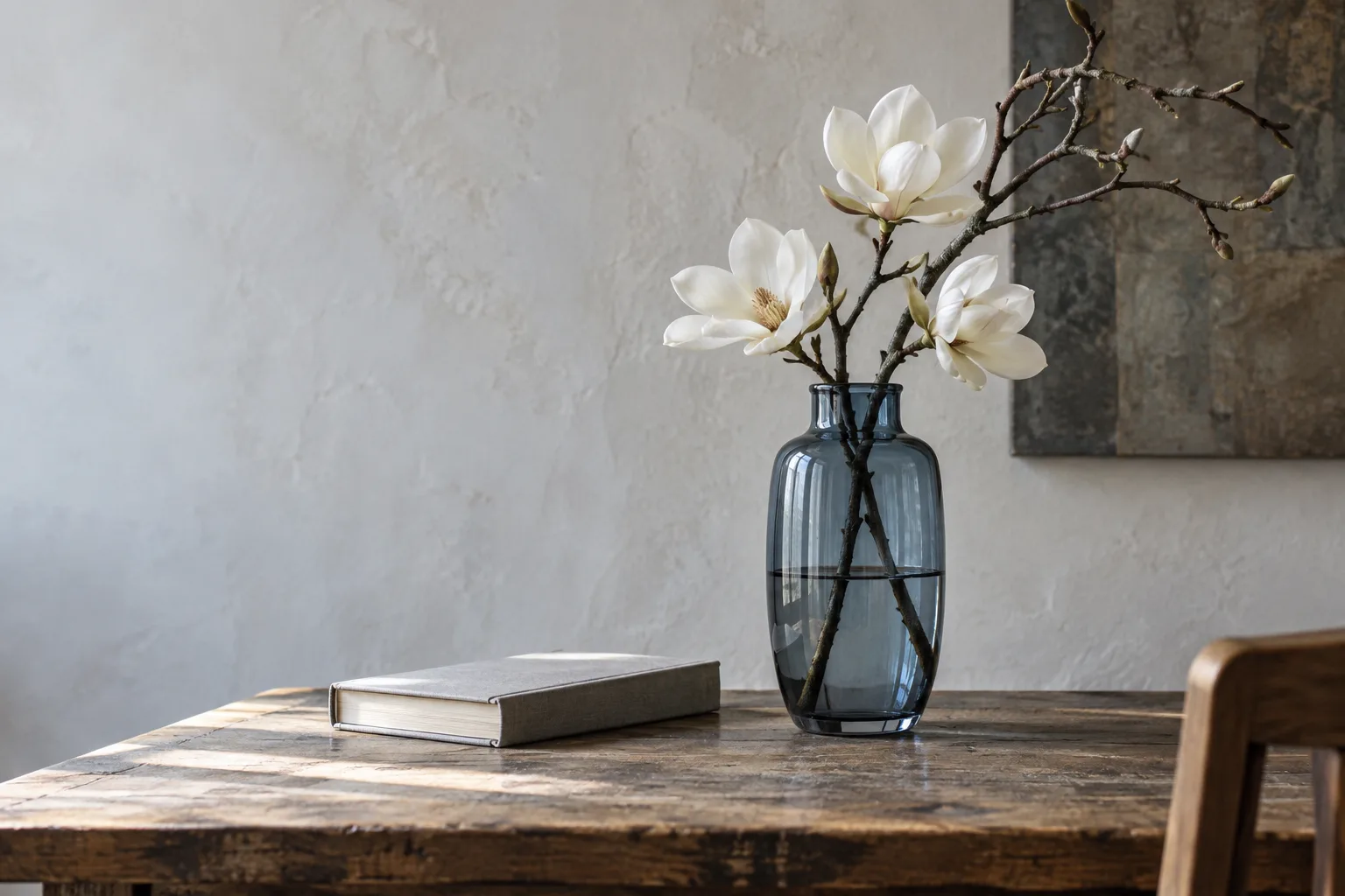 Illustration IA : magnolias blancs dans un vase en verre bleu, près d’un livre fermé sur un bureau en bois